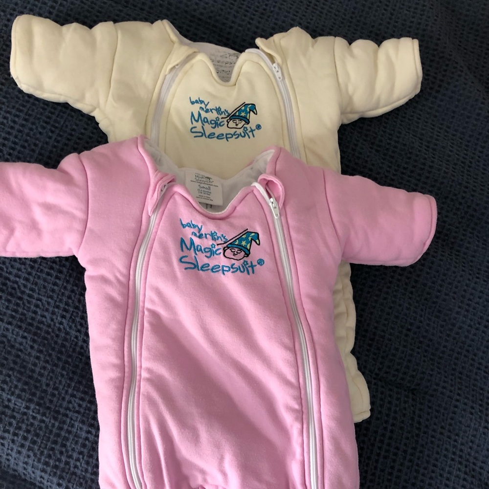 Two Merlin sleep suits; small 3-6 month; great condition